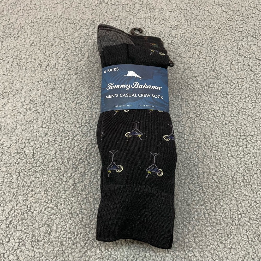 Tommy Bahama Mens Casual Crew Socks 6 Pair Pack Black Martini Glass One Size NWT